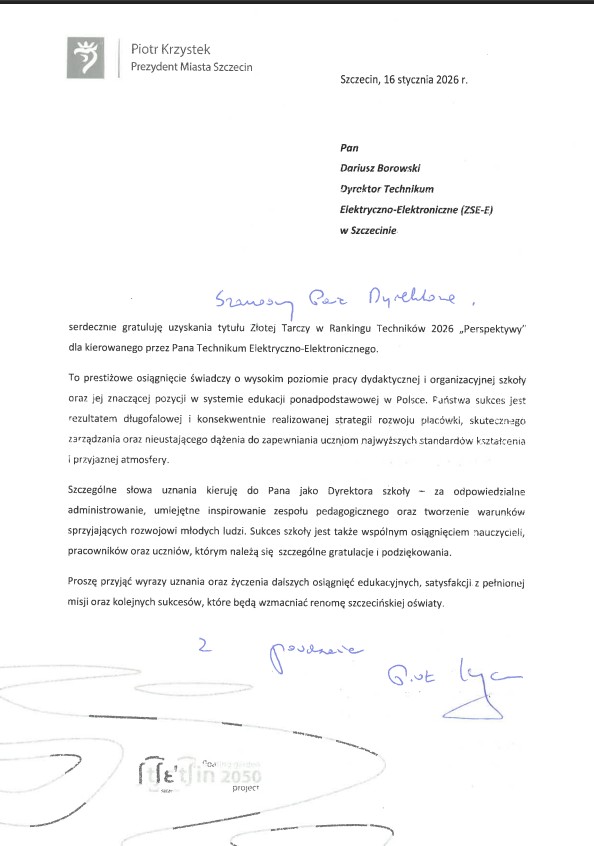 List gratulacyjny od Prezydenta Miasta Szczecin skierowany do uczniów i dyrekcji ZSEE TME