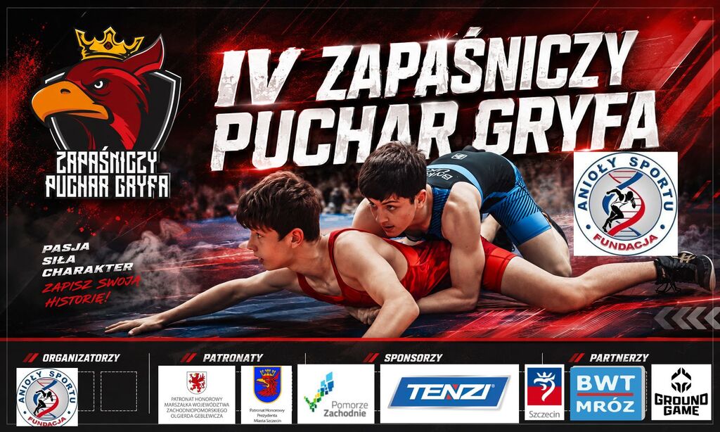 Zawodnicy podczas Zapasniczego Pucharu Gryfa 2026 na hali sportowej ZSEE TME – walka zapaśnicza na macie