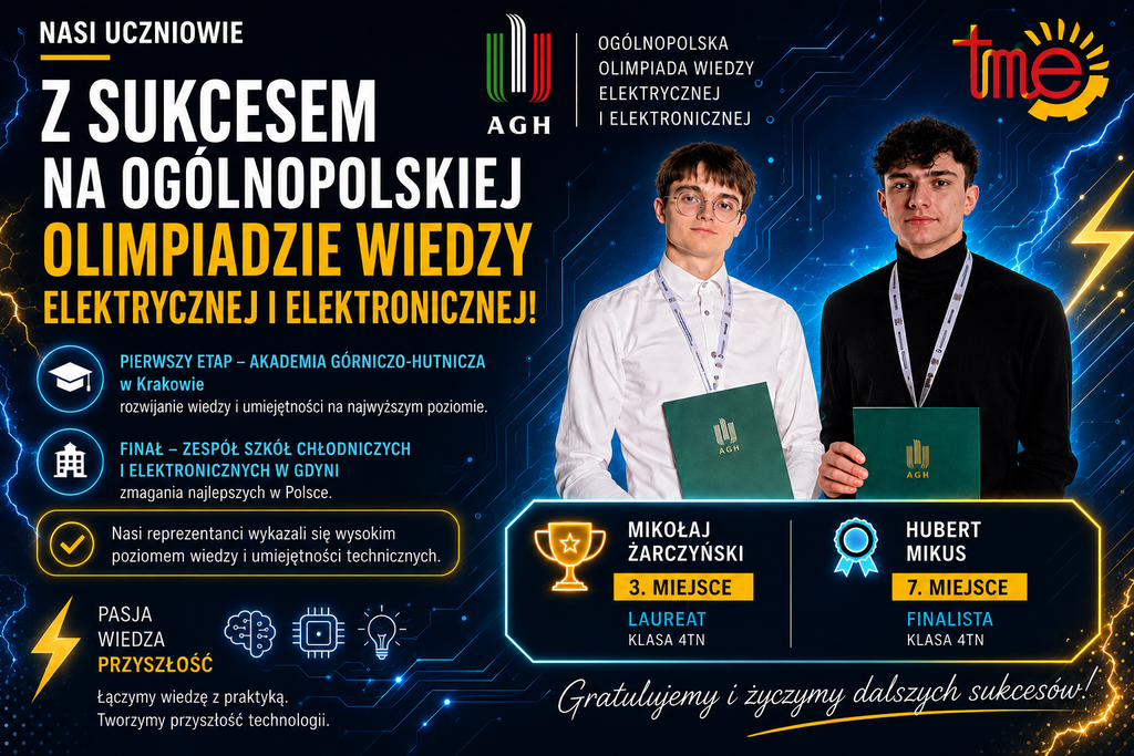 Grafika informacyjna o kolejnym sukcesie uczniów ZSEE TME w ogólnopolskiej olimpiadzie lub konkursie