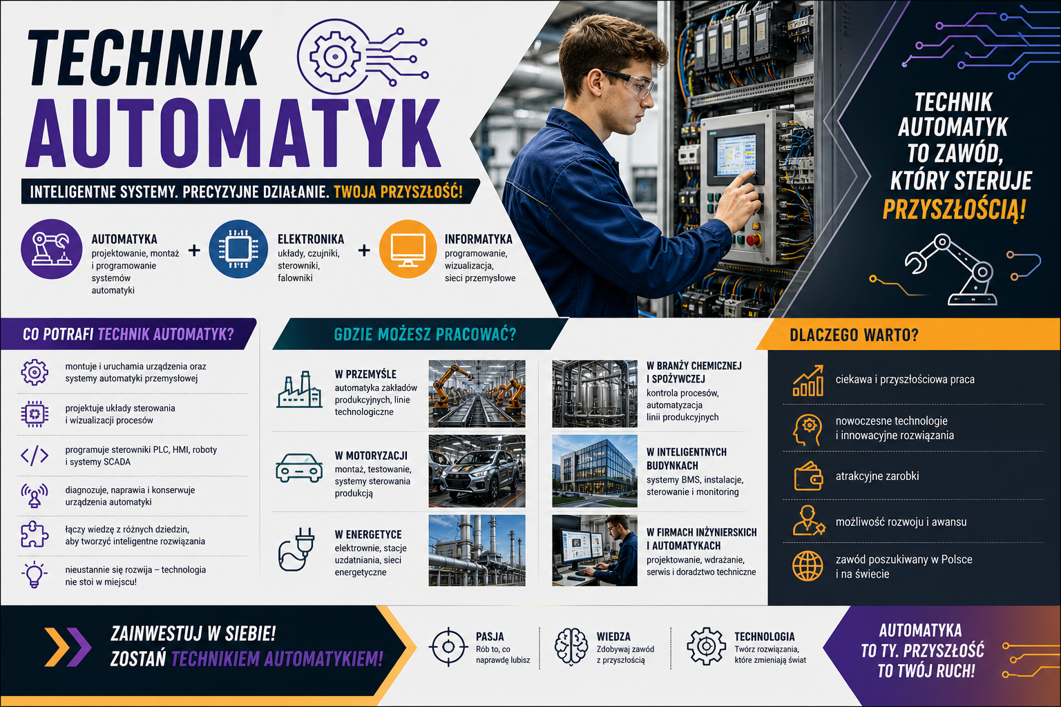 Infografika rekrutacyjna kierunku Technik Automatyk w TME – automatyka, elektronika i informatyka przemysłowa