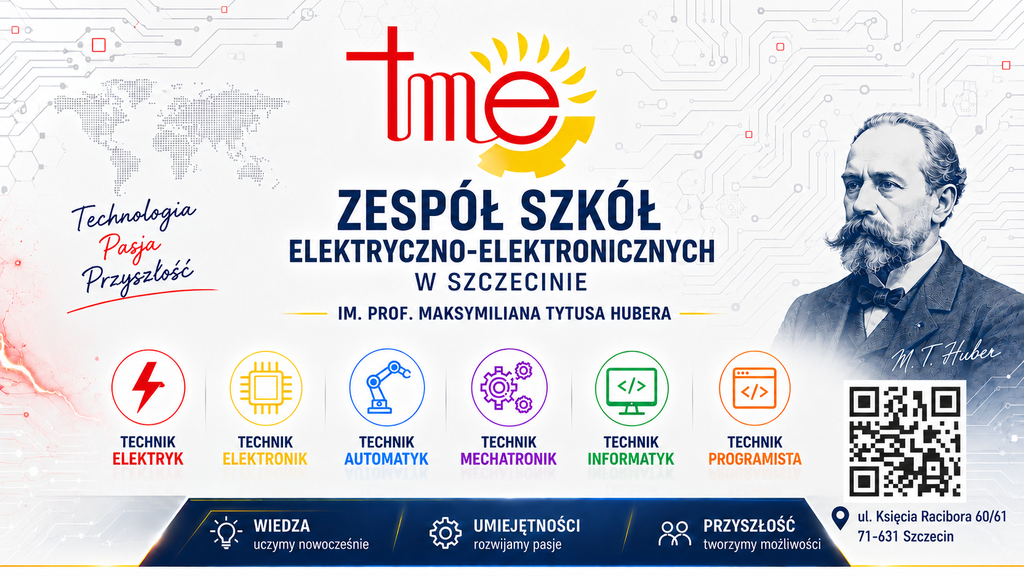 Baner rekrutacyjny ZSEE TME im. prof. M.T. Hubera – wszystkie kierunki, portret patrona, kod QR i adres szkoły